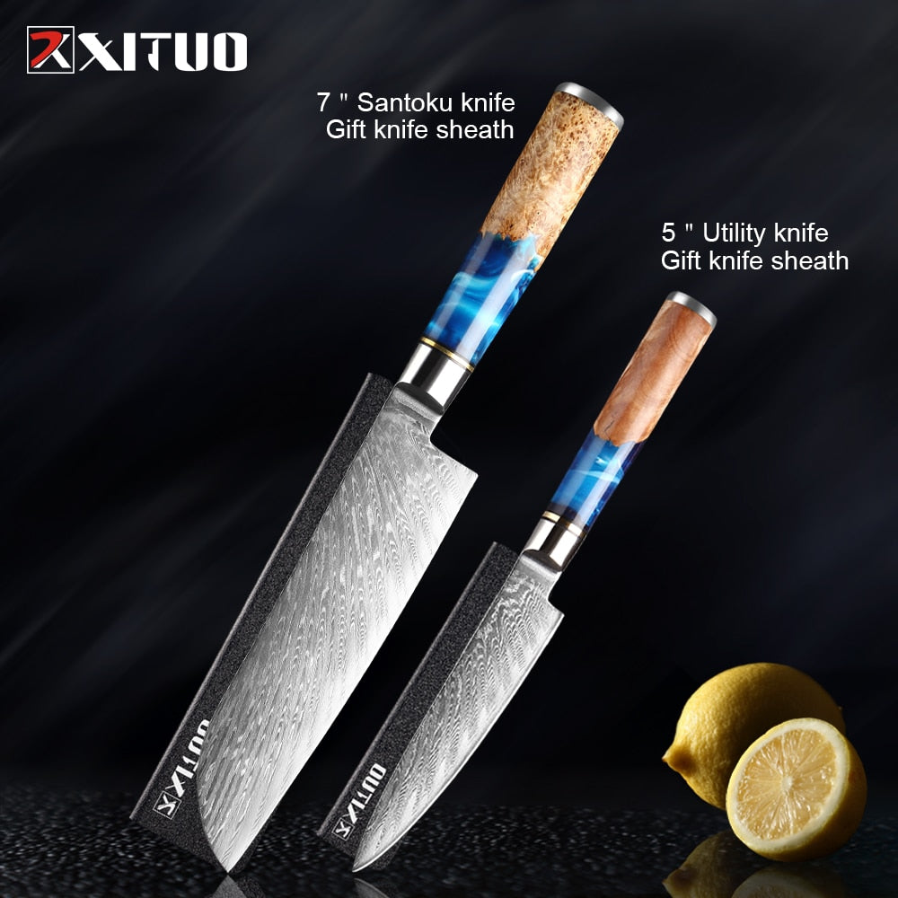 Kitchen Knives-Set Damascus Steel VG10 Chef Knife Cleaver Paring Bread  Knife Blue Resin and Color Wood Handle 1-8PCS set