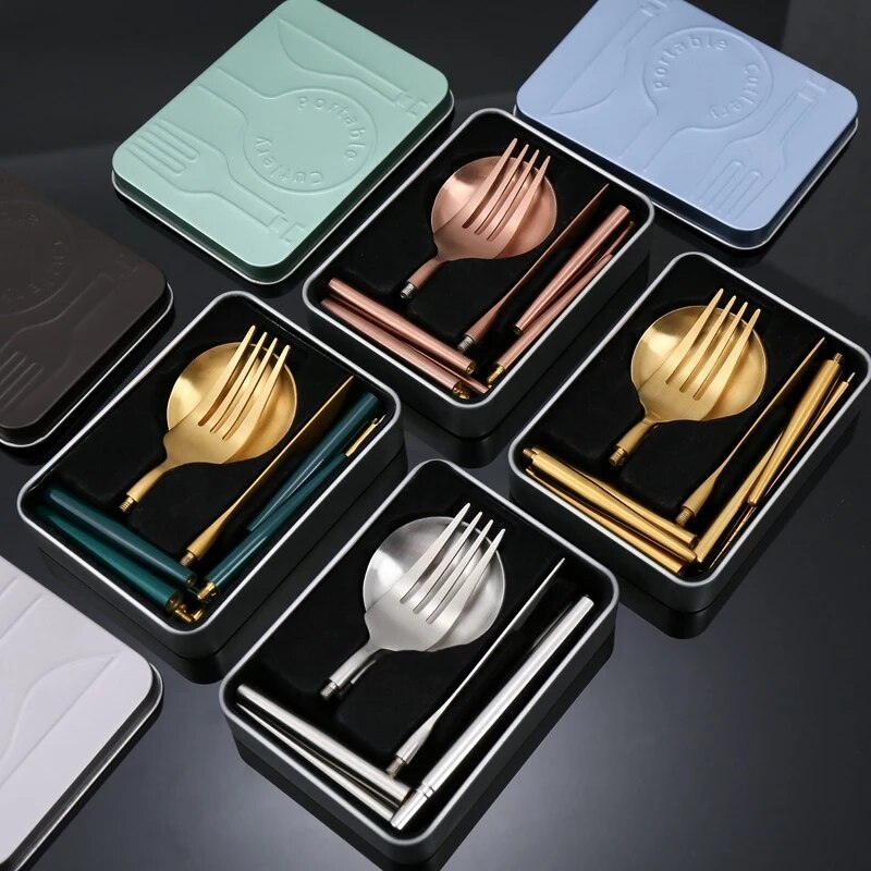 5pcs 304 Stainless Steel Folding Tableware Outdoor Travel Convenient  Tableware (Size : 4PCS/SET)