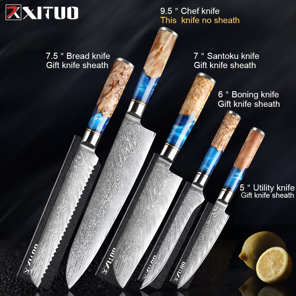 Kitchen Knives Set 1-10pcs Japanese Chef knife Blue Resin Handle 7CR17  Damascus Pattern Santoku Cleaver Slicing Utility Knives